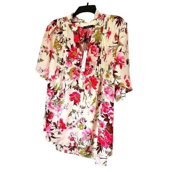 Tahari Womens Ivory Pink Floral Elbow Sleeve PinTuck Blouse Plus Sz 2X New - Picture 2 of 9